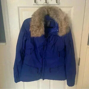 Ralph Lauren Women Large Royal Blue Faux Fur Down Winter Puffer Jacket Coat